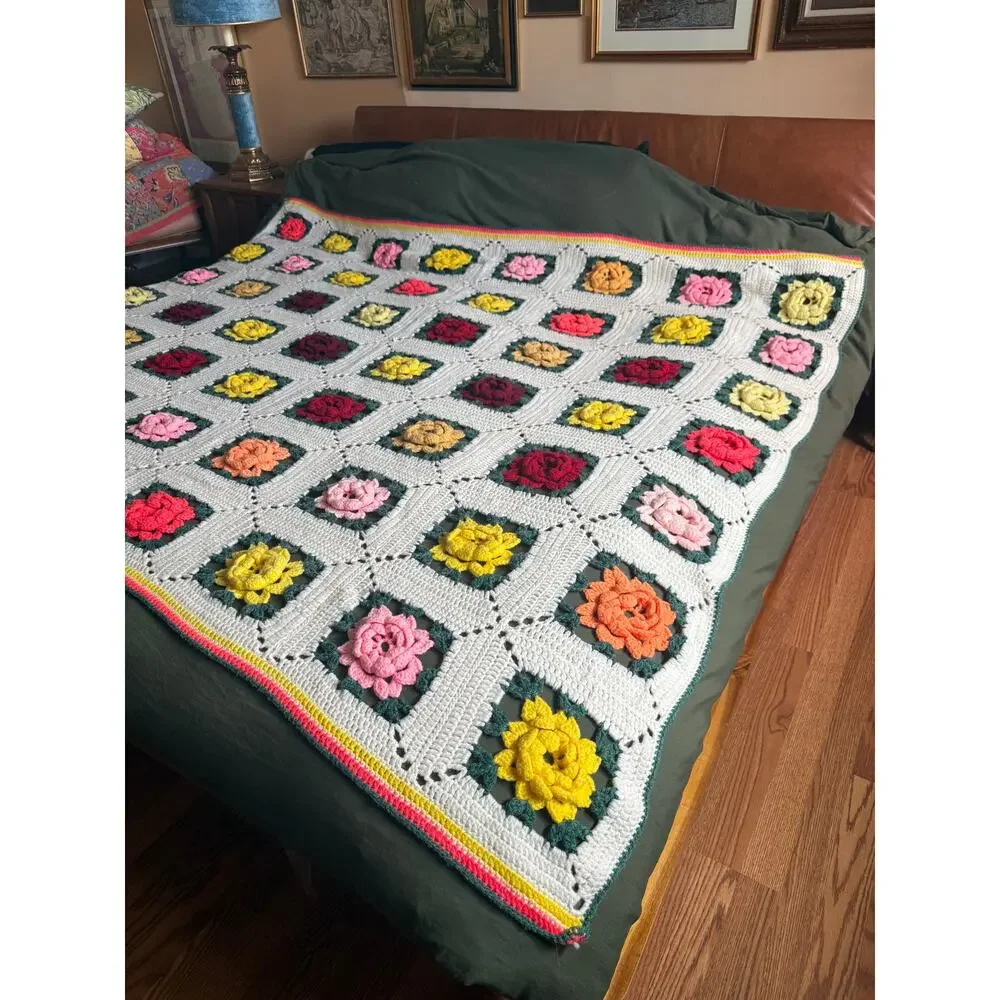 Vintage Granny 3D Rose Square Crochet Afghan Blanket Multi Color Handmade Flower